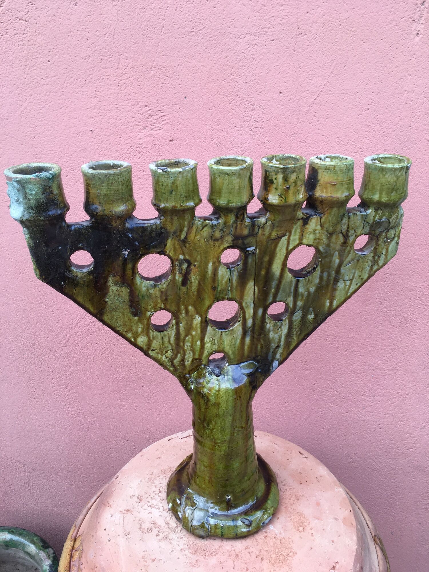 Pottery tamegroute candlestick menorah 7 enamelled candles ochre/green