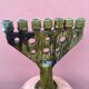 Pottery tamegroute candlestick menorah 7 enamelled candles ochre/green