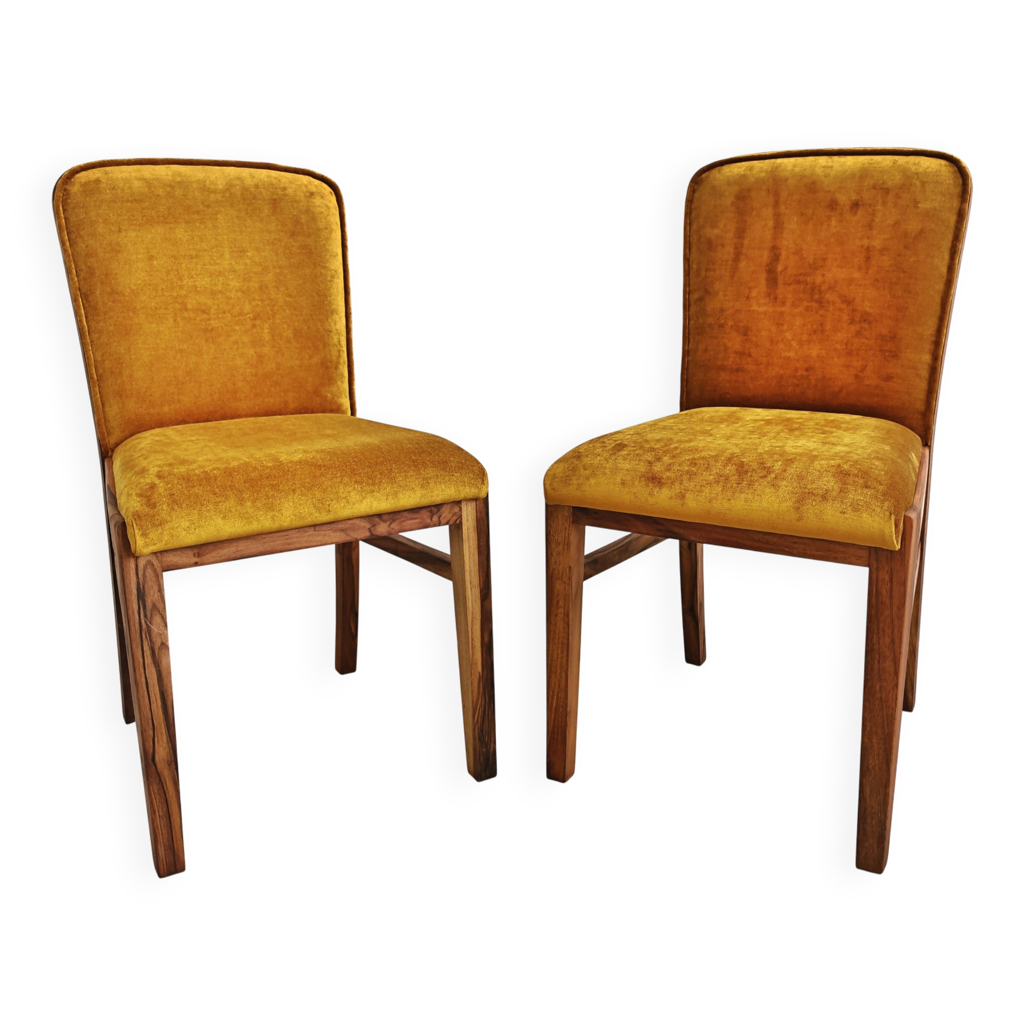 Set de 4 chaises Art Déco en placage de racine de noyer, velours
