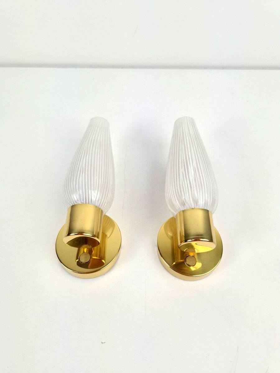 Mid-Century Swedish Wall Lamps in Brass and Glass, 1970, Set of 2