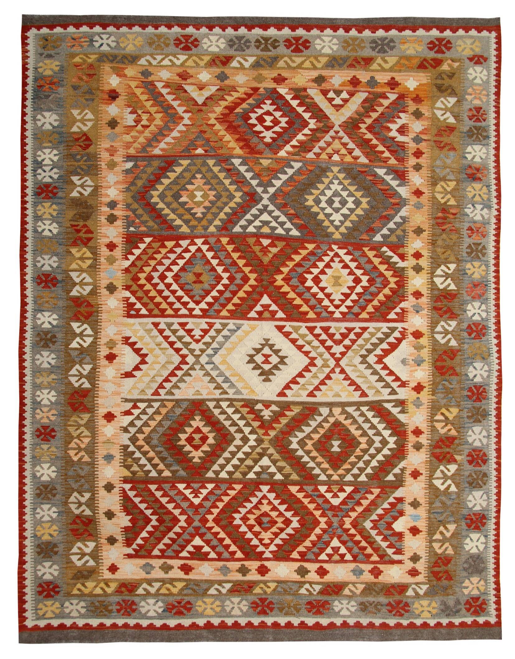 Geometric Kilim Oriental Rug, Wool Rustic Flatwoven Carpet 249x195cm