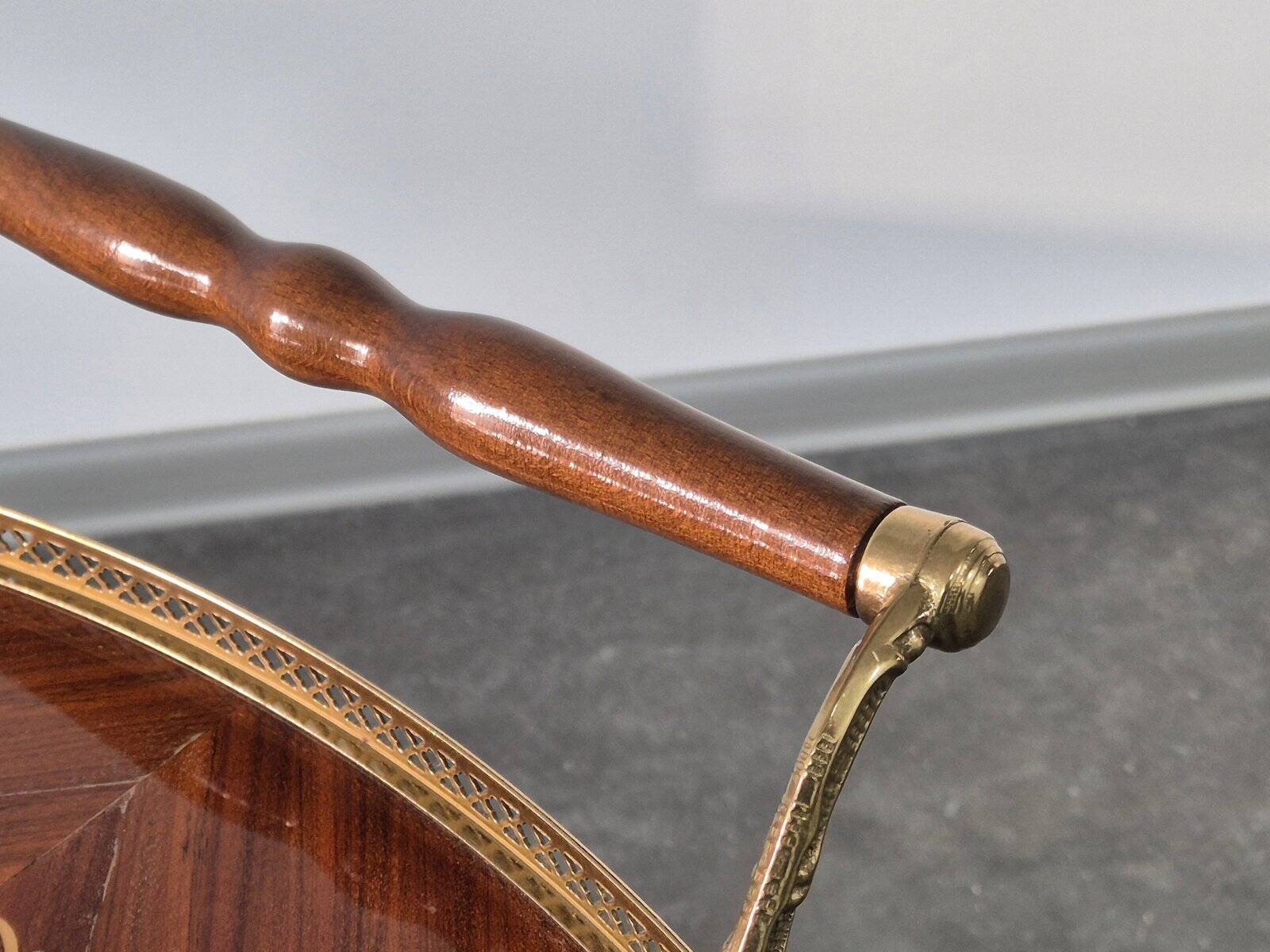 1970s drinks bar cart with side flaps in marquetry