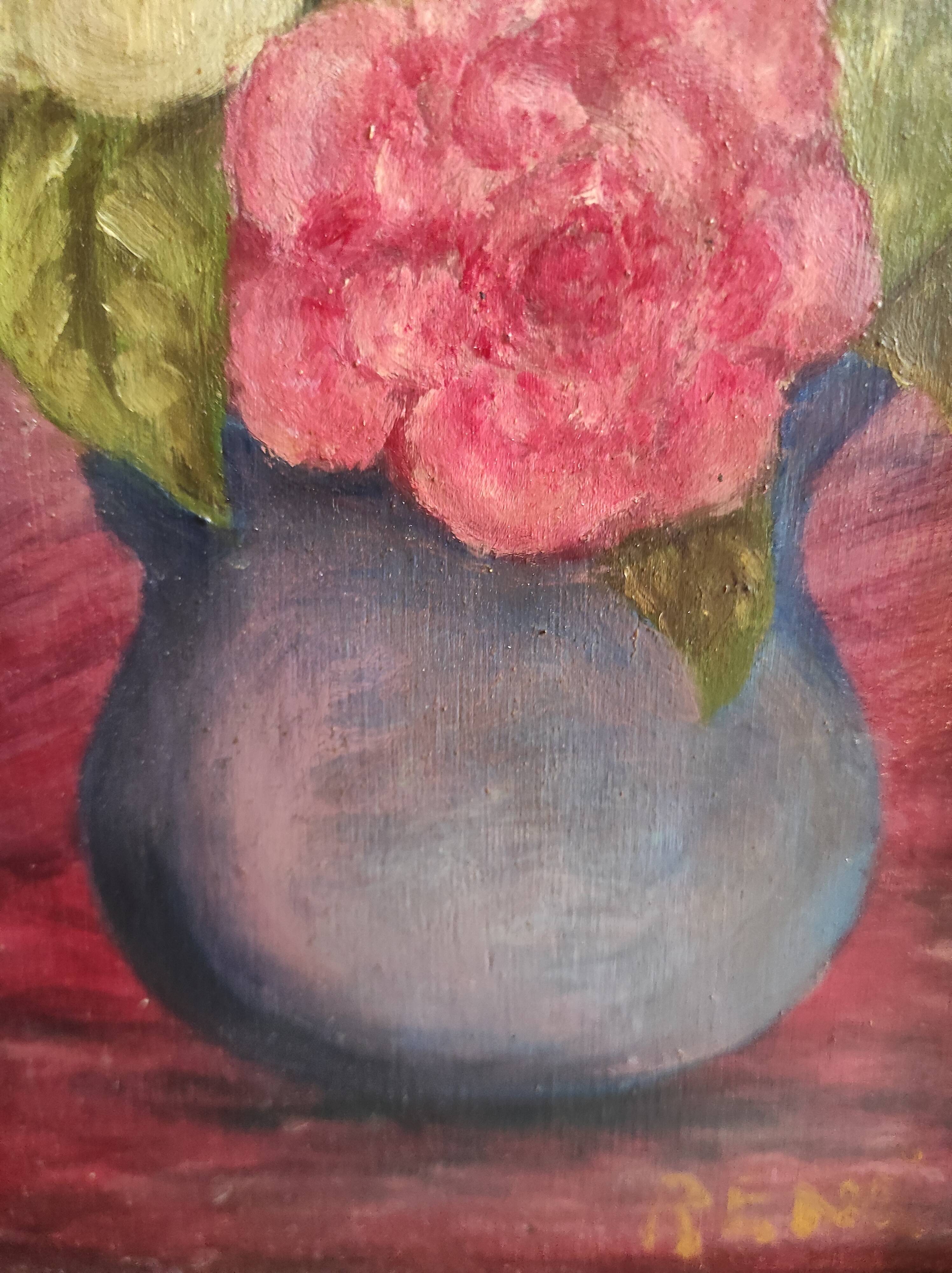 Vintage French oil painting of flowers, signed René