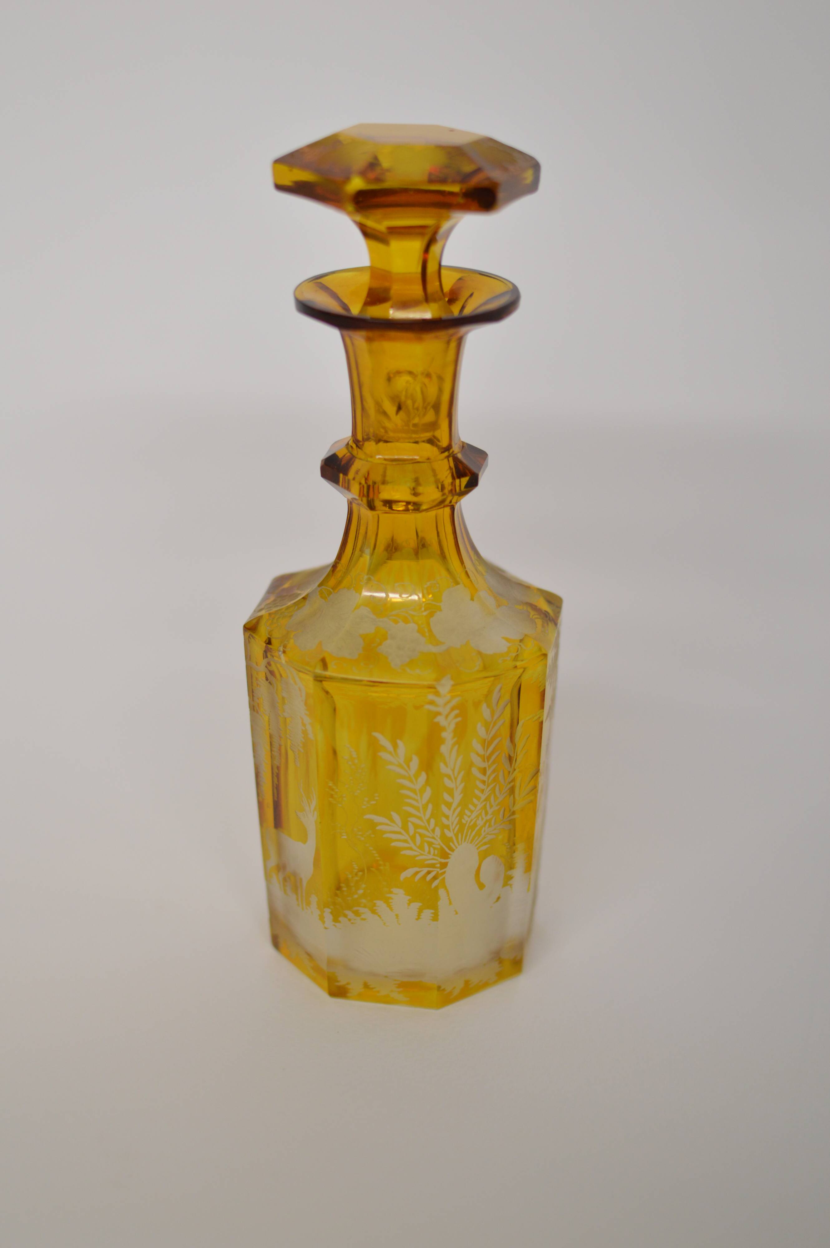 Bohemian glass carafe engraved amber colour