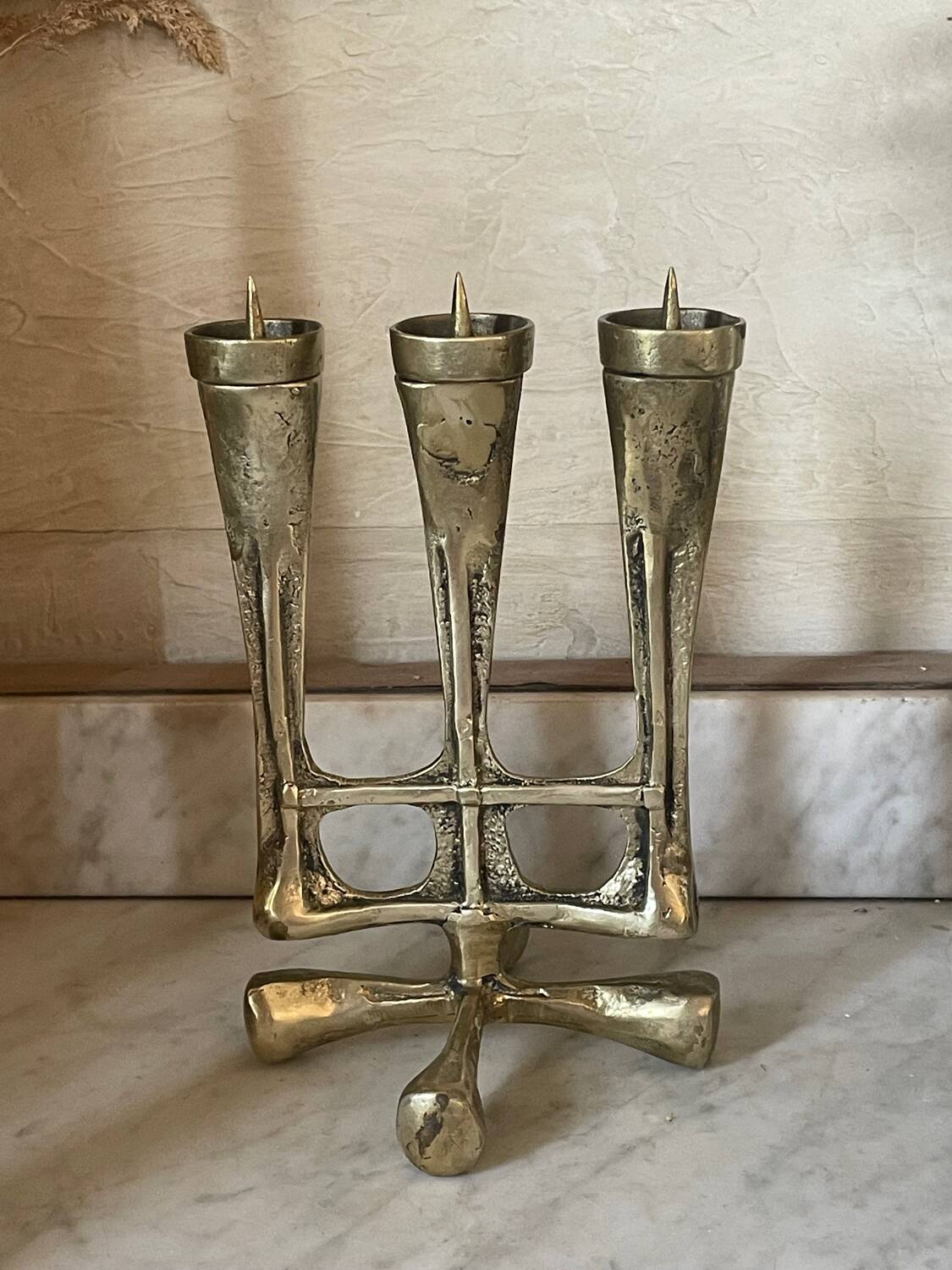 Vintage solid brass brutalist candle holder