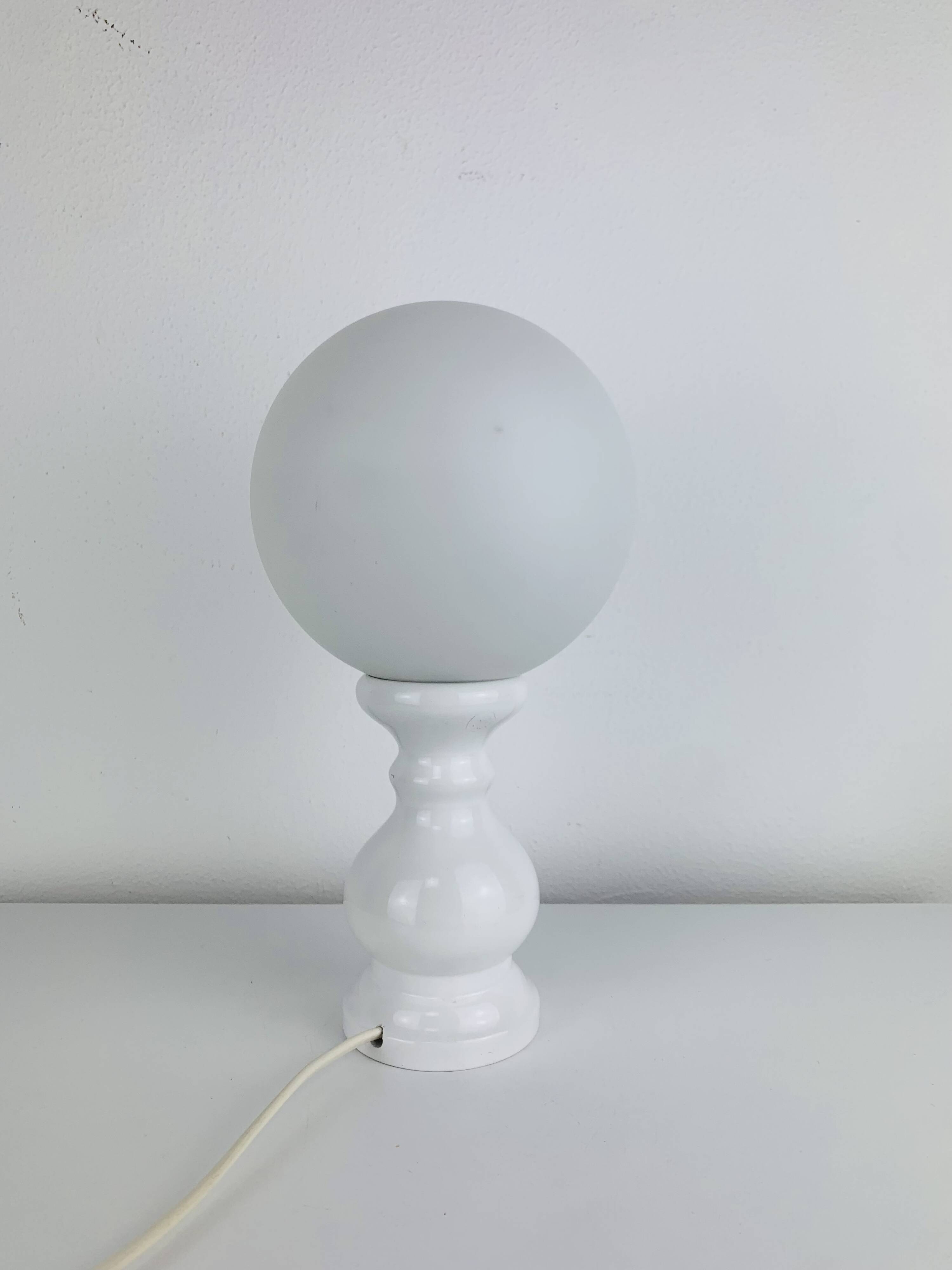 Turned wood lamp with opaline glass globe, 1970s