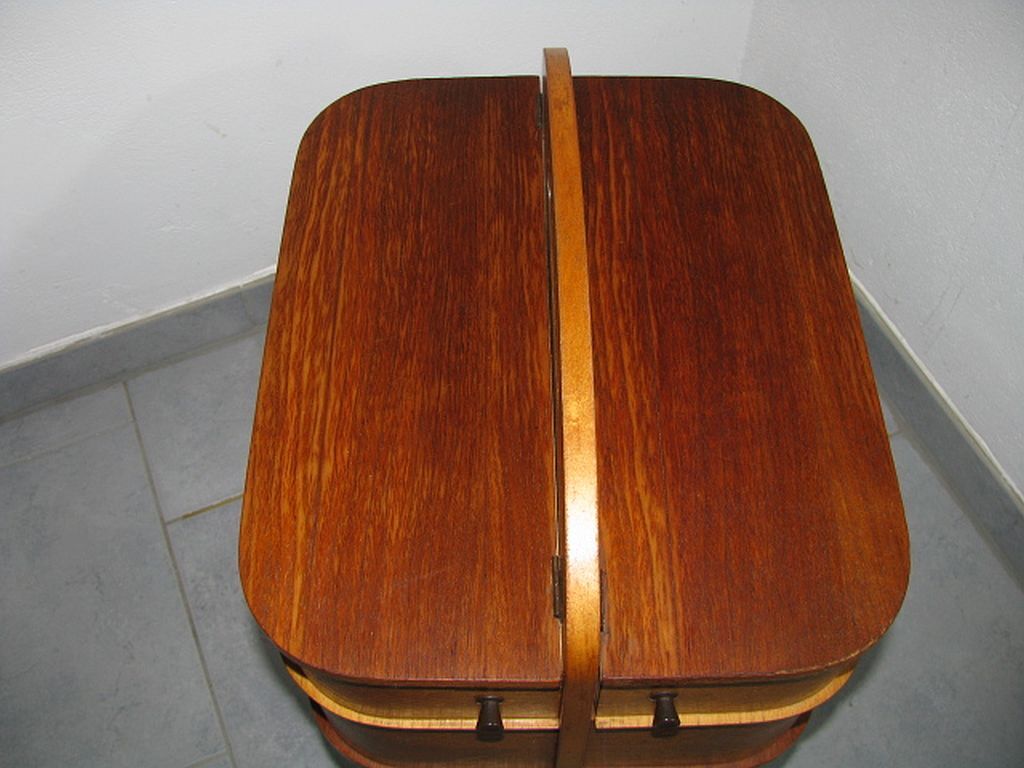 Mid century sewing box with / side table. asystent teak 1960/70s