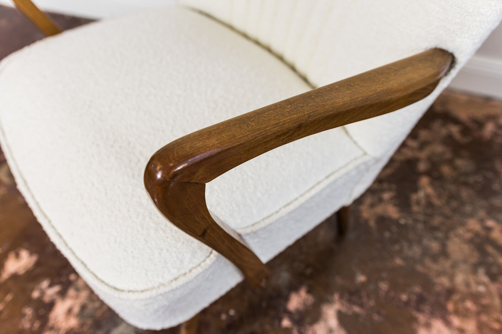 Pair of white cream boucle cocktail chairs, 1950s