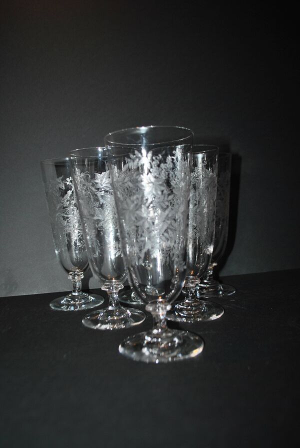 Lot 6 verres à bière verrerie portieux bocks bistrot gravé acide 1920-1930