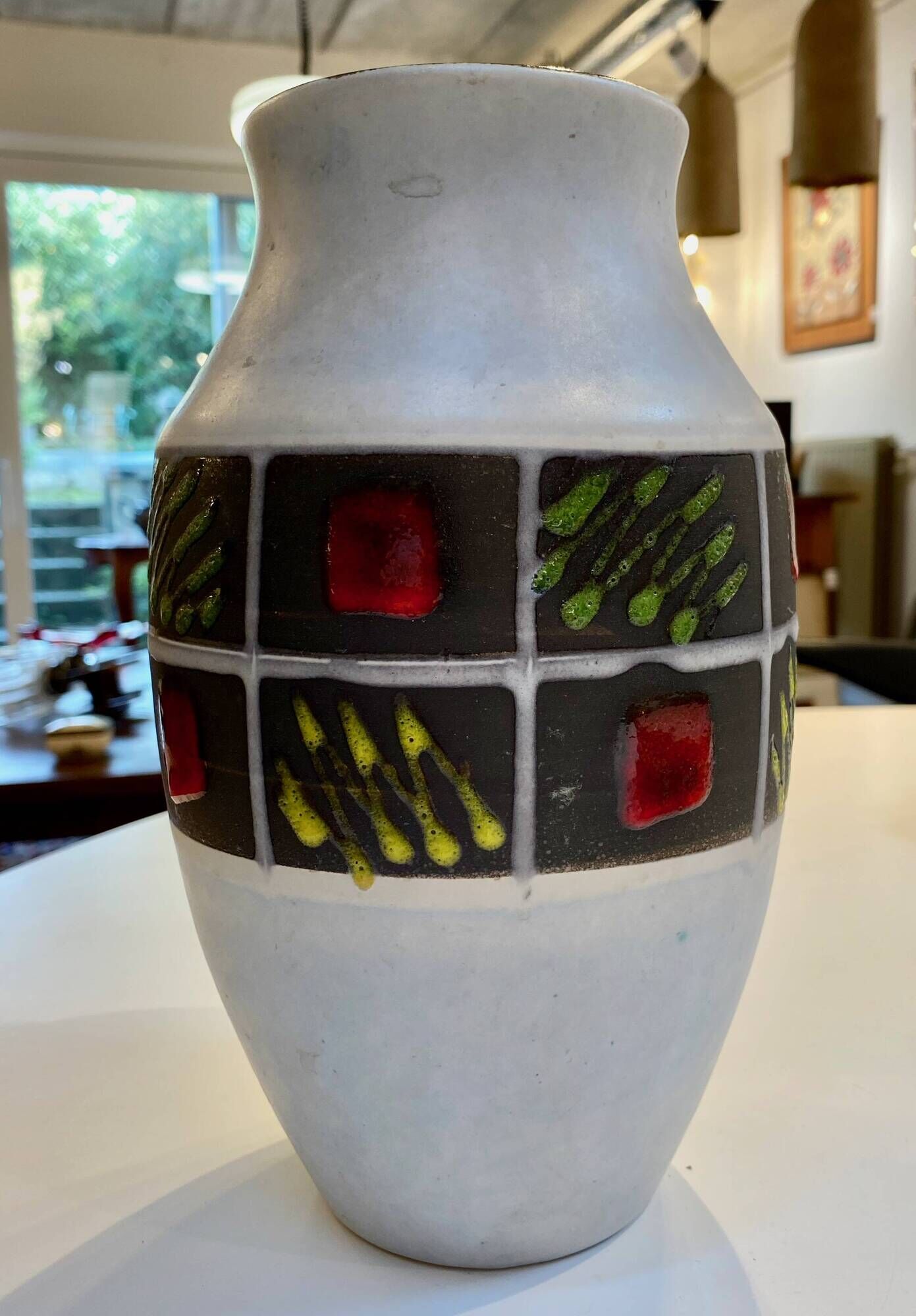 Vintage West Germany Vase – White Ceramic & Multicoloured Graphic Frieze
