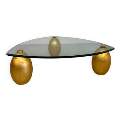 Ancienne table basse en verre pied doré design italien des annees 80
