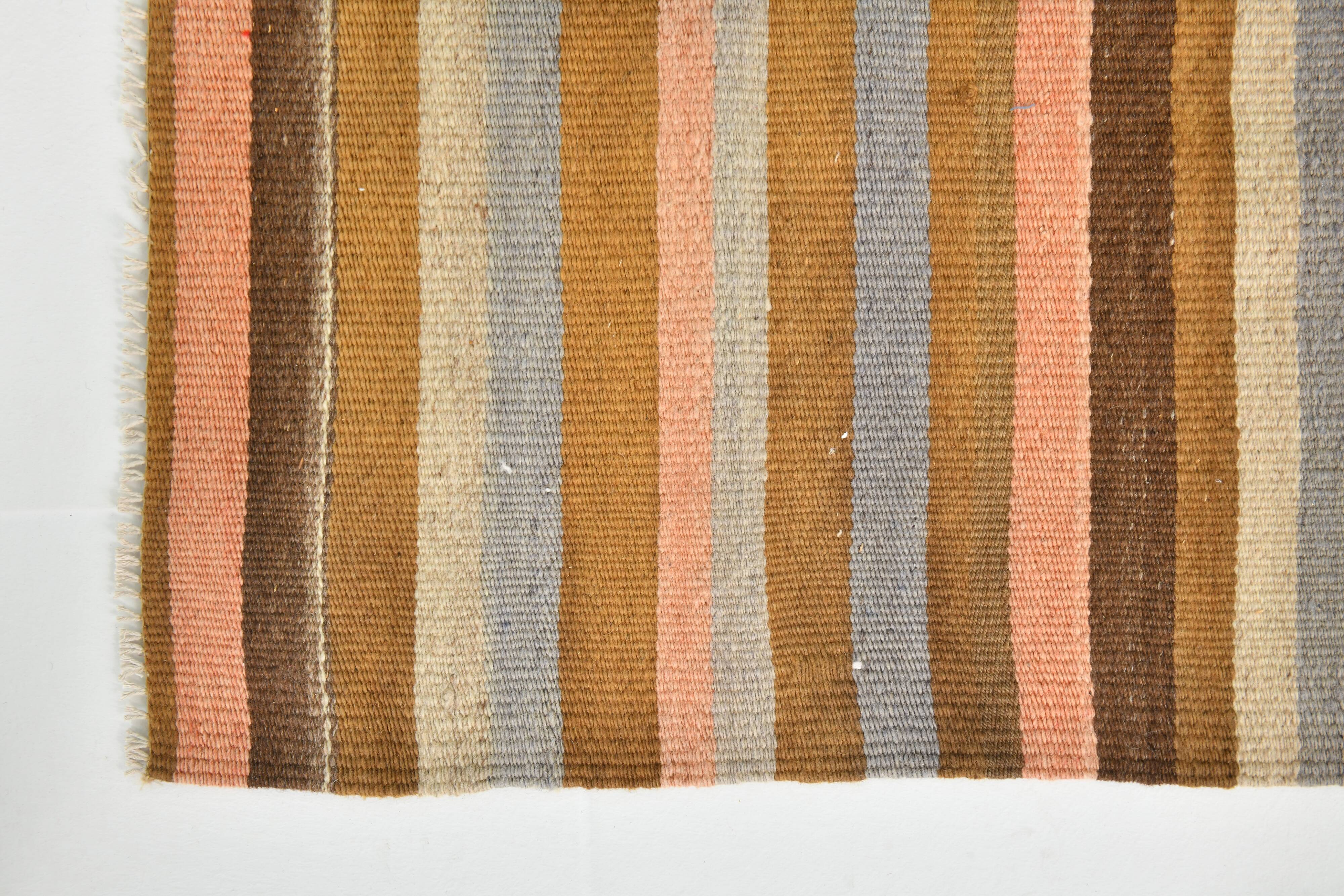 5x7 Salmon & Brown Striped Handmade Kilim Rug, 142x225Cm