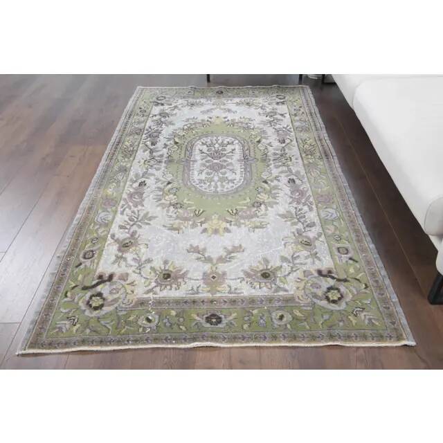 Vintage Turkish Oushak handmade wool cotton green area rug 108x225