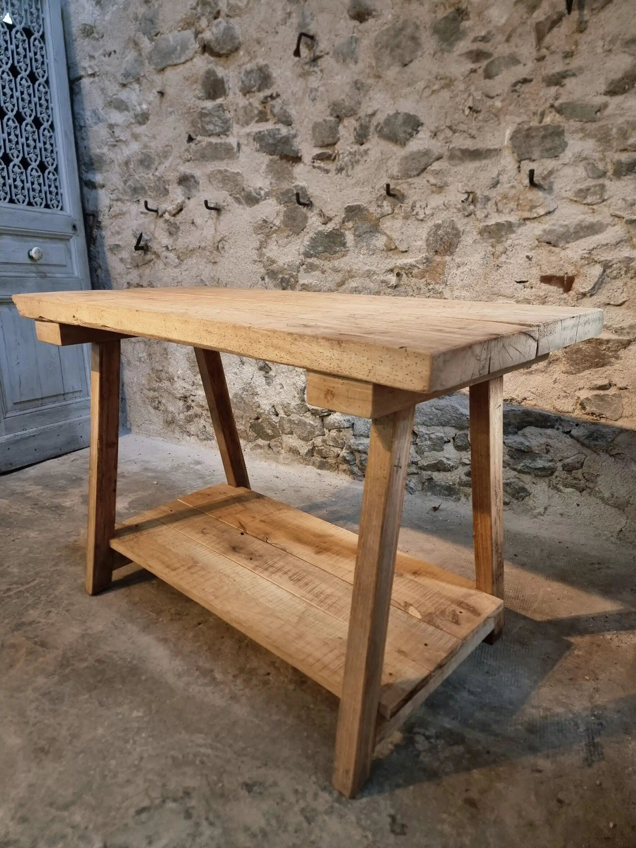 Old French work table / kitchen island / console, beech and chestnut, circa 1930–1950