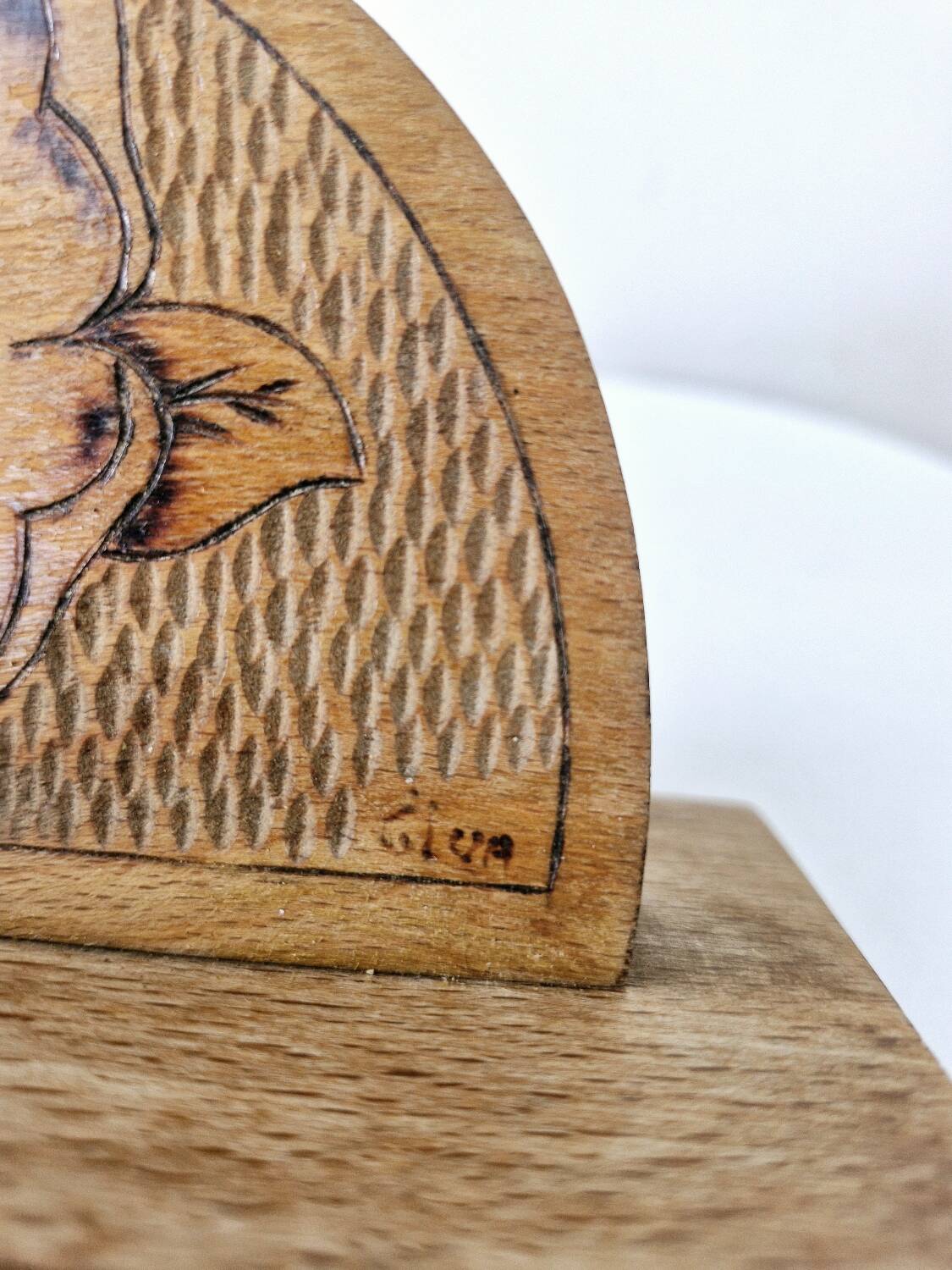 Old wooden bookends with pyrography flower decoration signed 1940s Art Deco