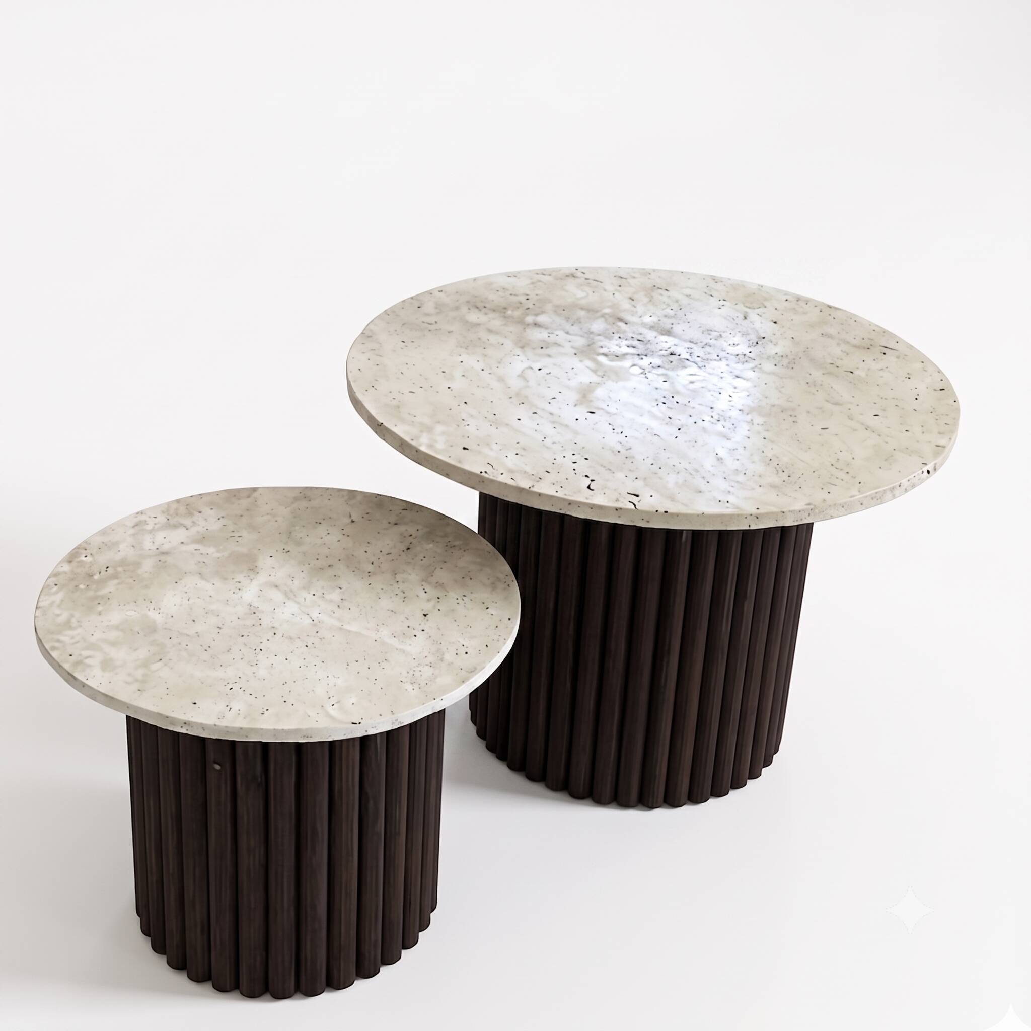 Round nesting coffee table in travertine and dark fluted wood.