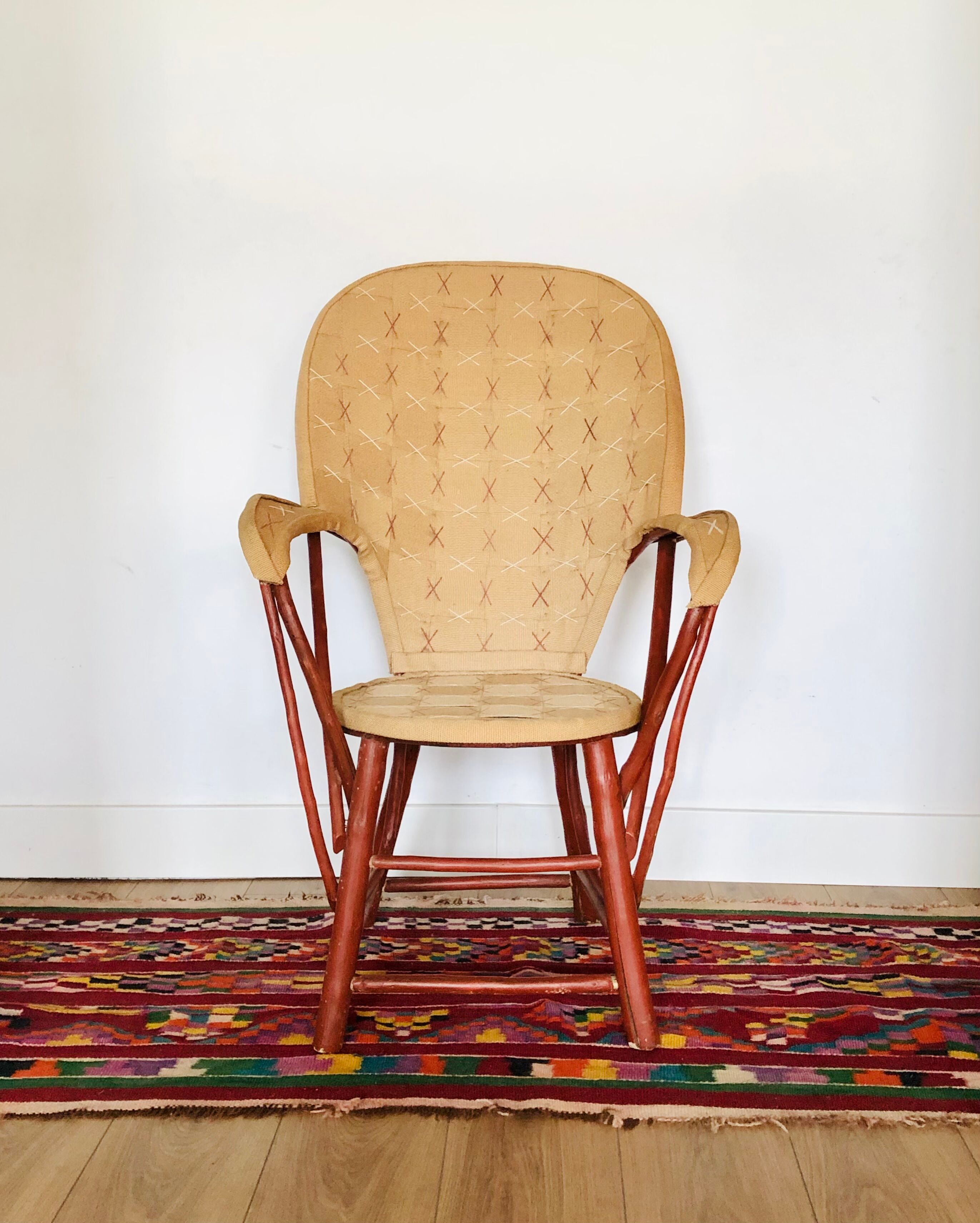 Vintage chestnut armchair and burlap