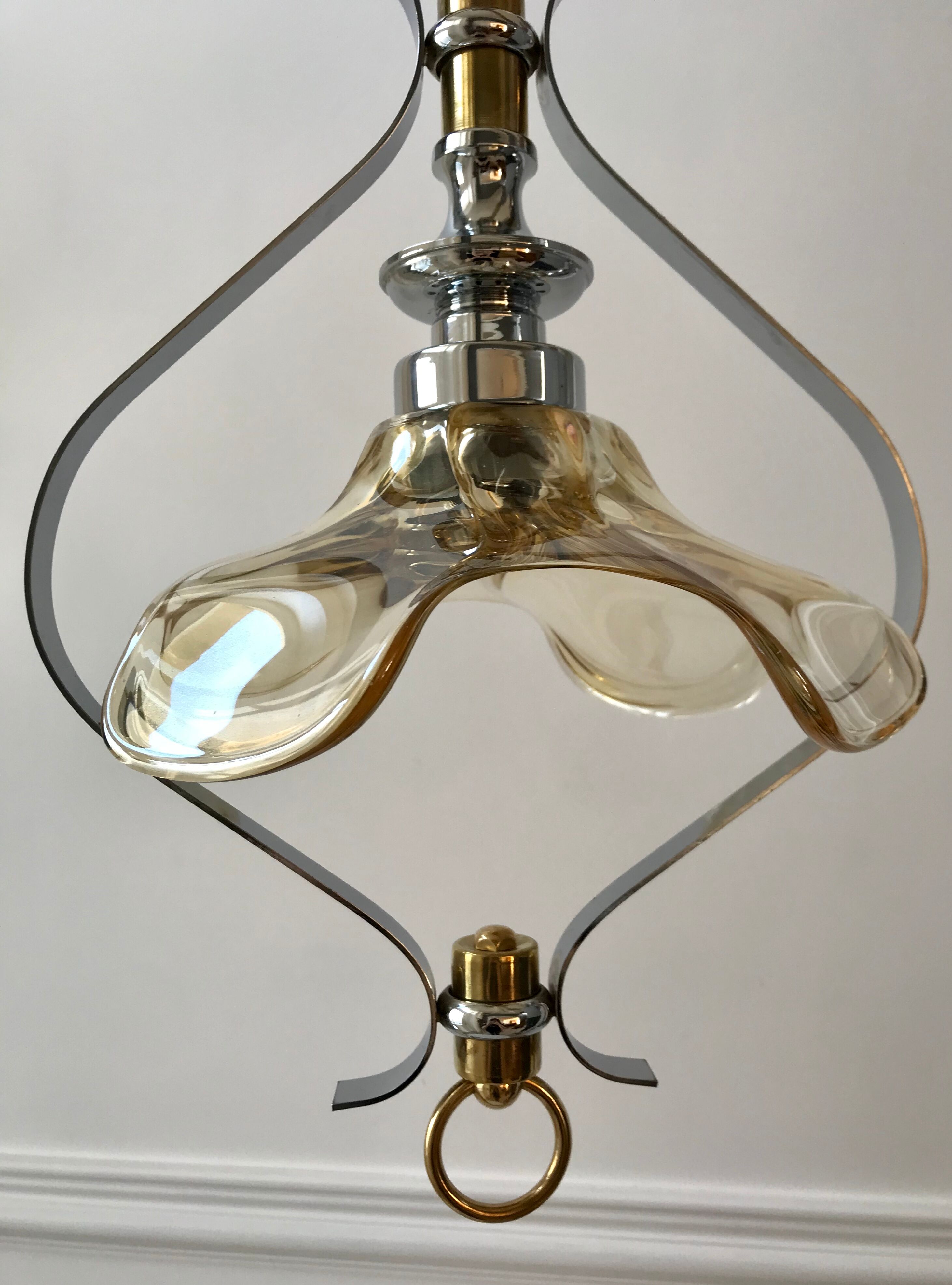 Petal hanging lamp in glass, brass and chrome metal 50