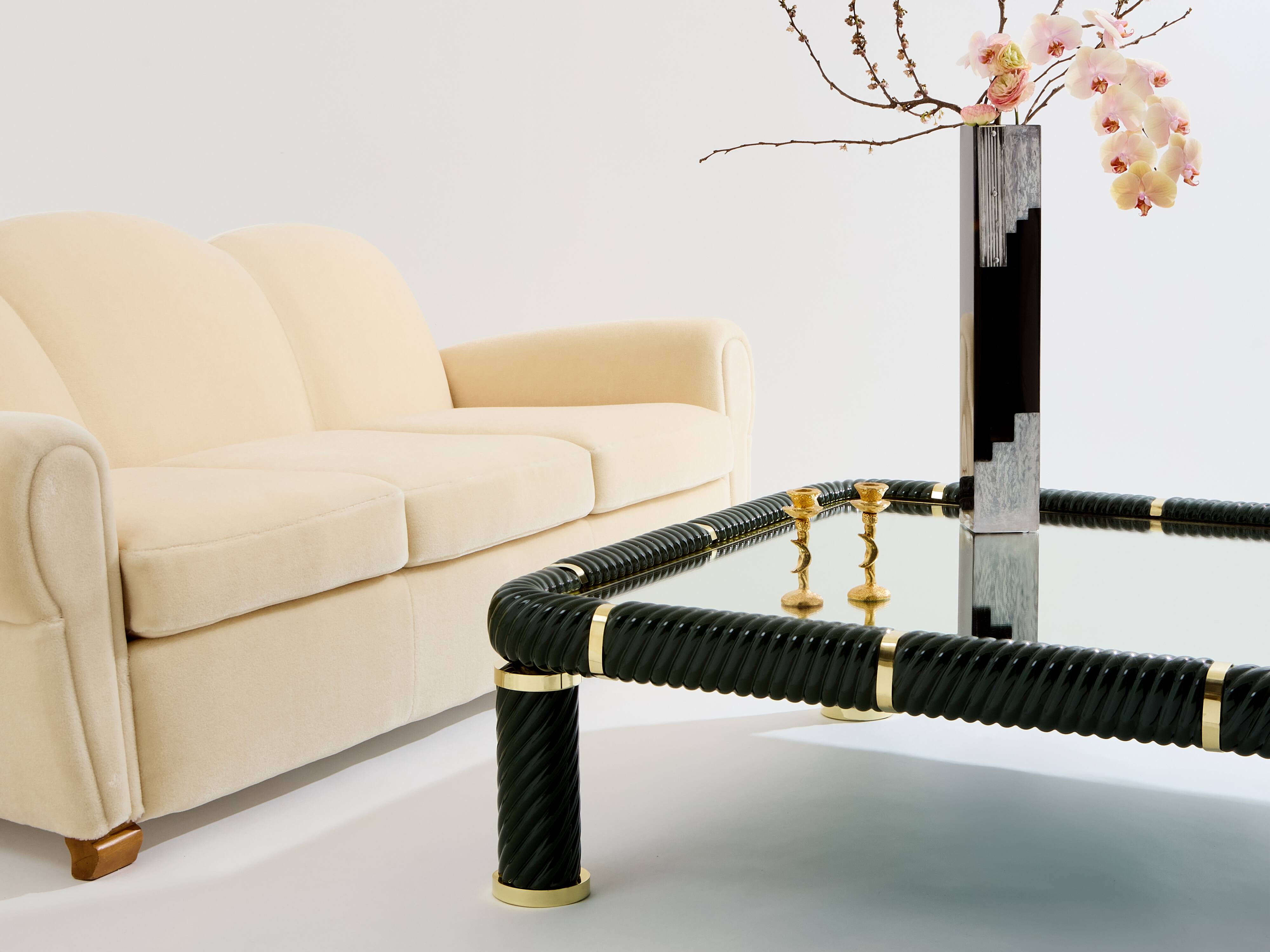 Olive green ceramic and brass coffee table by Tommaso Barbi 1970