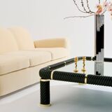 Olive green ceramic and brass coffee table by Tommaso Barbi 1970