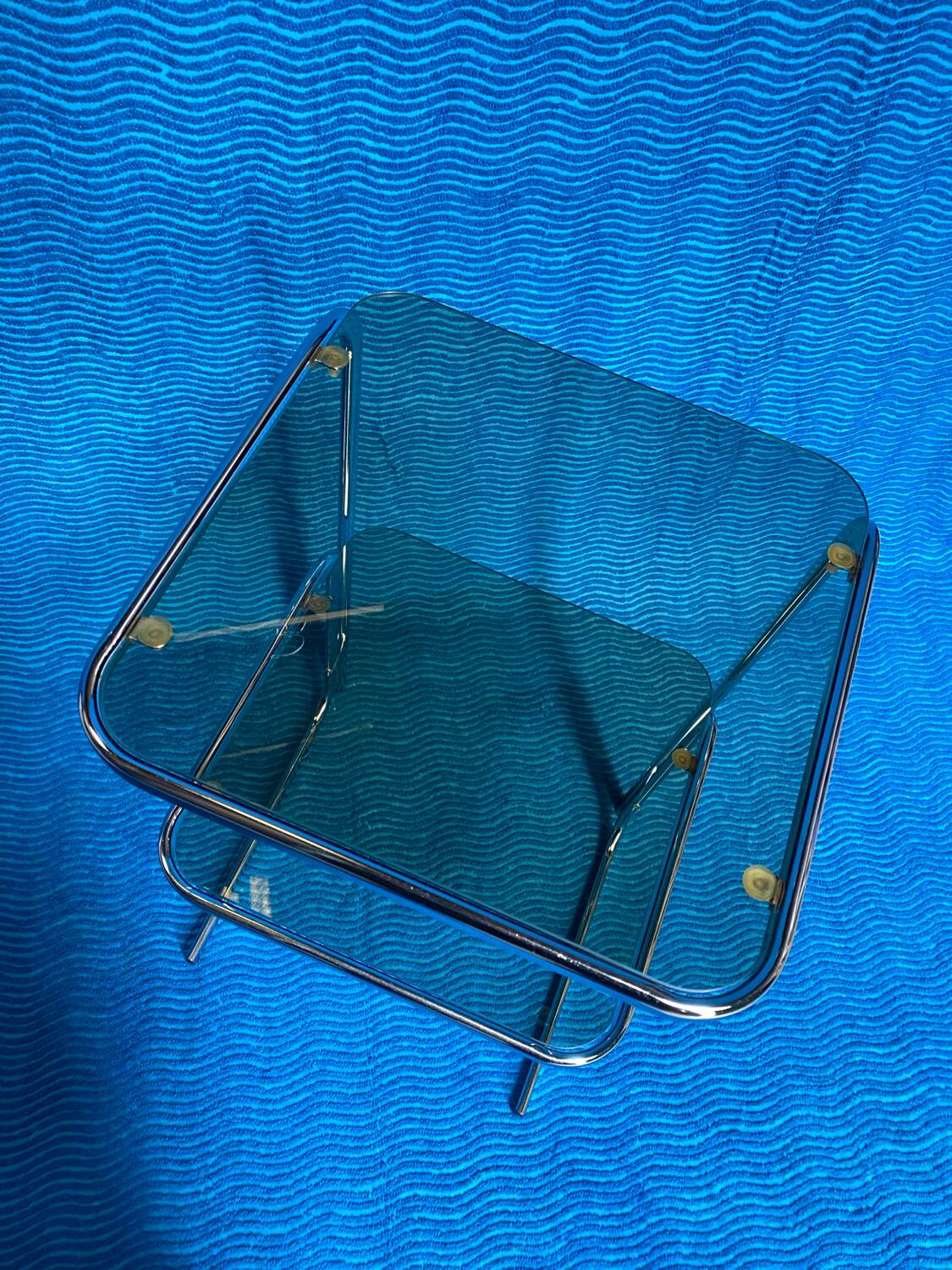 Vintage 1970s coffee table square chrome base u-shaped oval profile