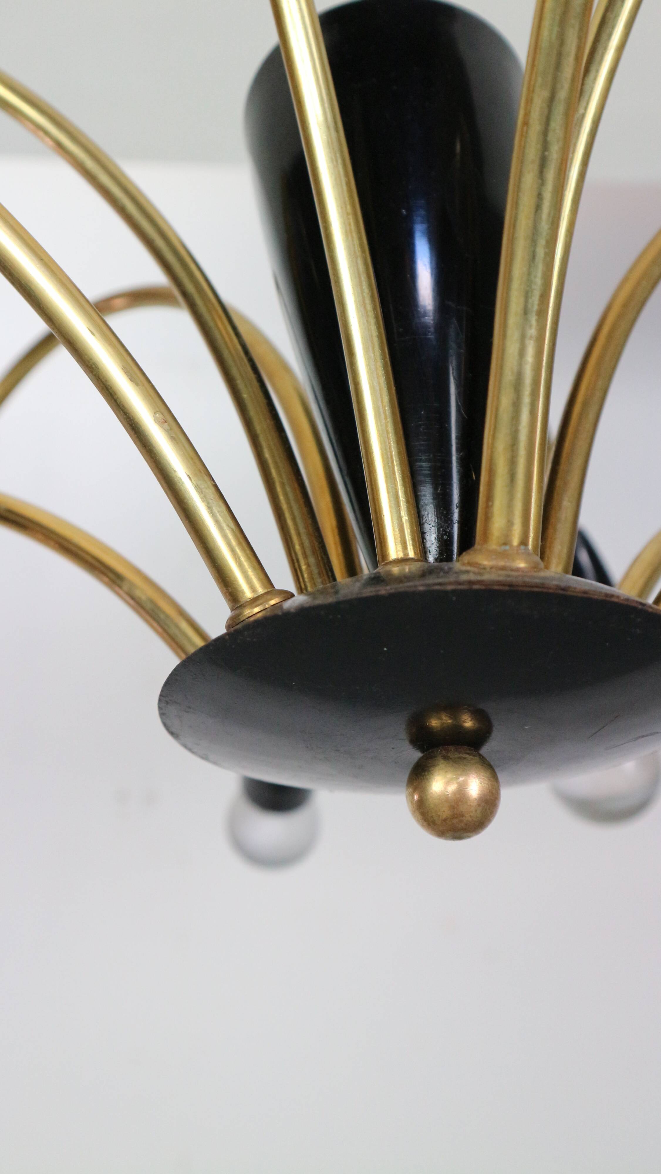 Italian Black and brass 12 arm Spider Chandelier  1950s