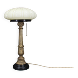 1940s Restored Brass Table Lamp with Wooden Base and Glass Shade
