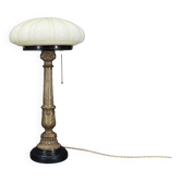 1940s Restored Brass Table Lamp with Wooden Base and Glass Shade