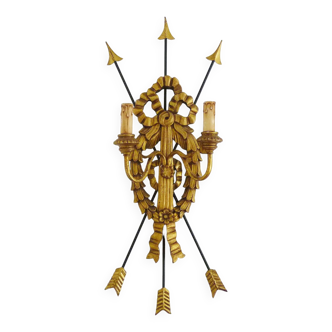 Very large vintage Empire style wall light with 3 arrows 2 lights in gilded wood and metal. 75cm