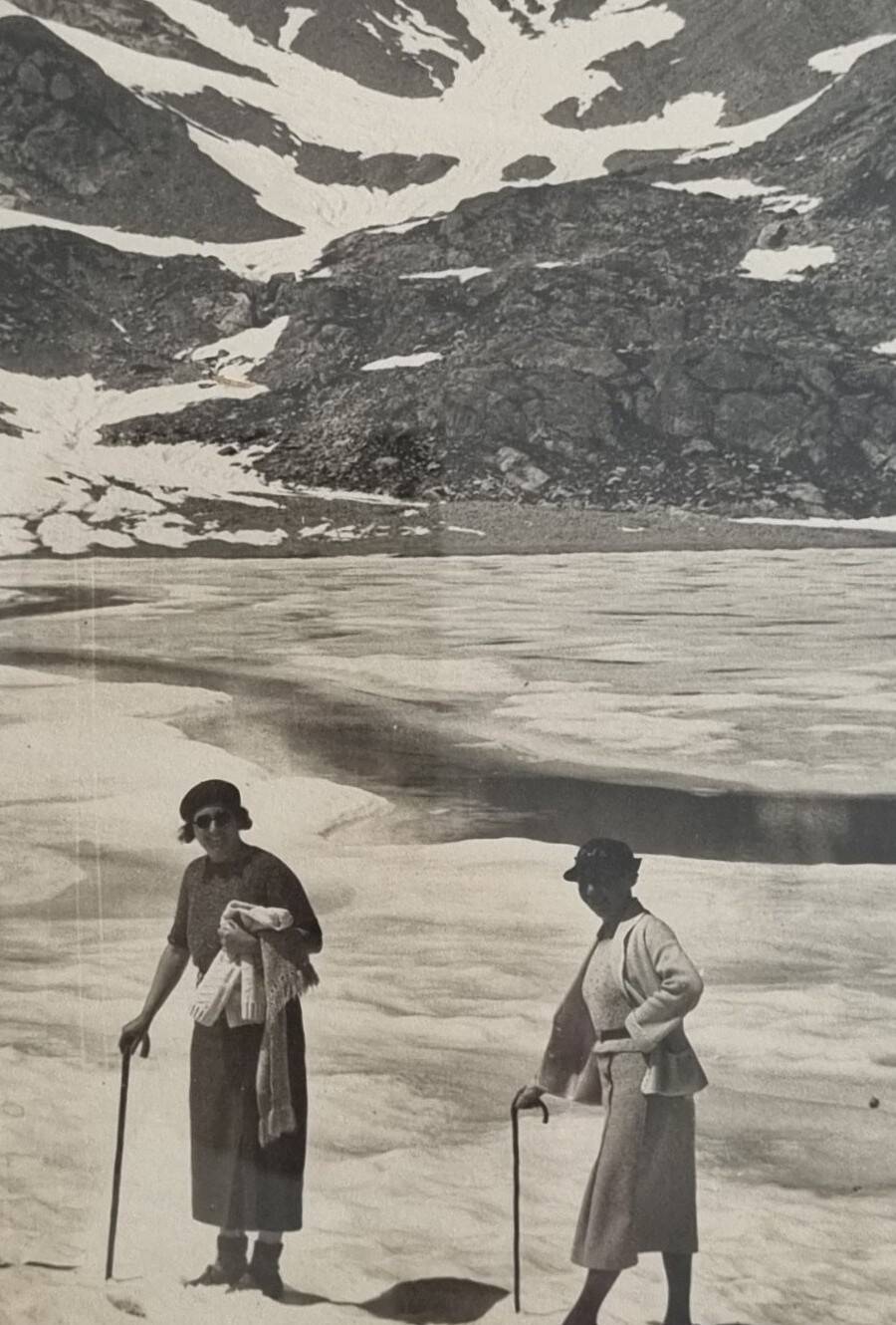 Framed photograph of walkers on the glacier, print by André Banon, 1930.