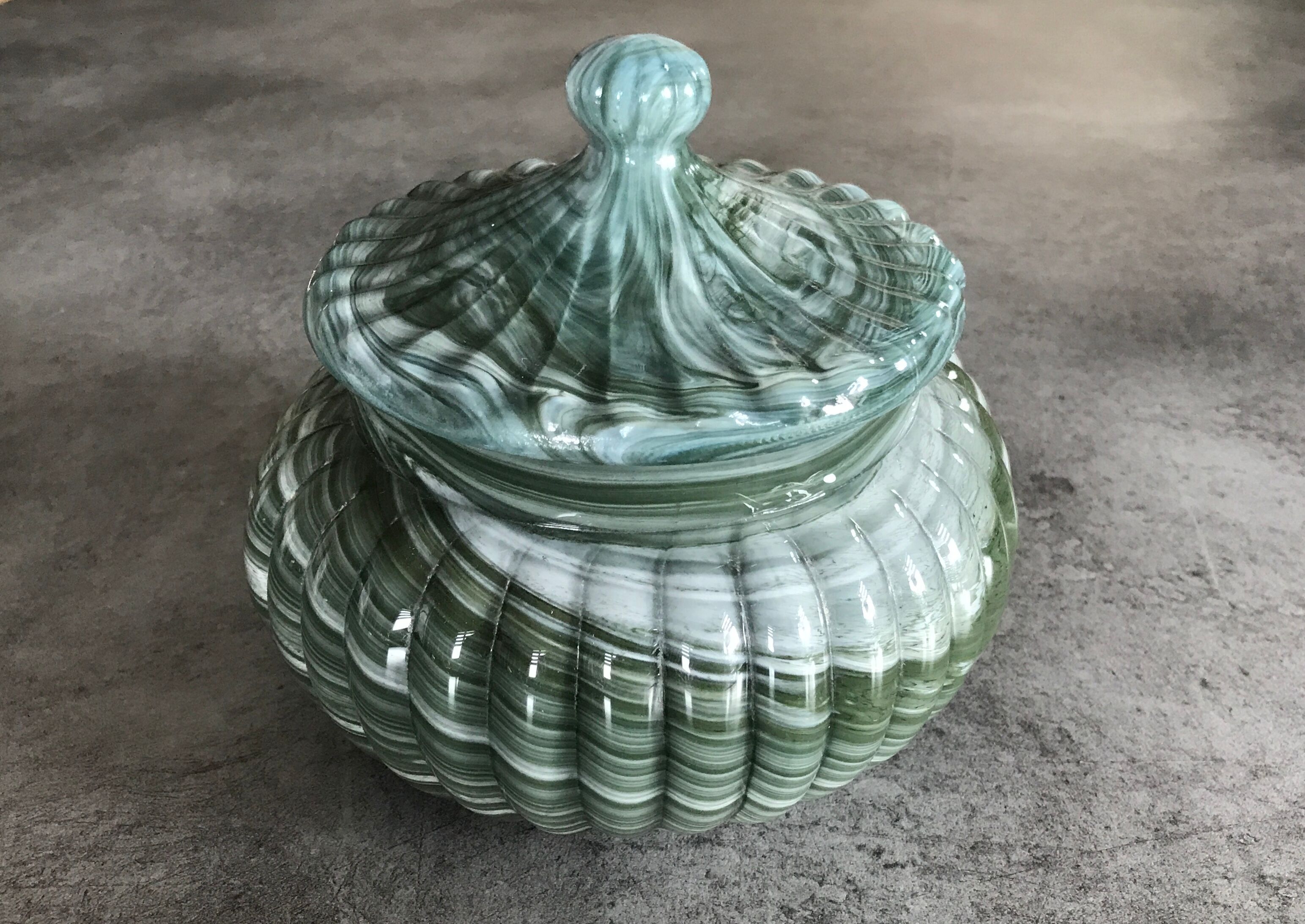 Old candy pot in glass molded effect green and white 12.5 cm