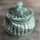 Old candy pot in glass molded effect green and white 12.5 cm