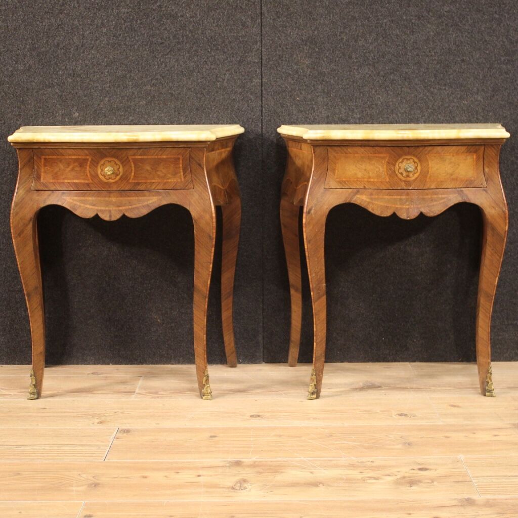 Pair of Italian inlaid bedside tables with marble top