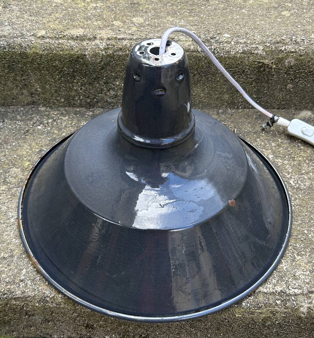 Industrial enameled pendant light, gray blue, vintage.