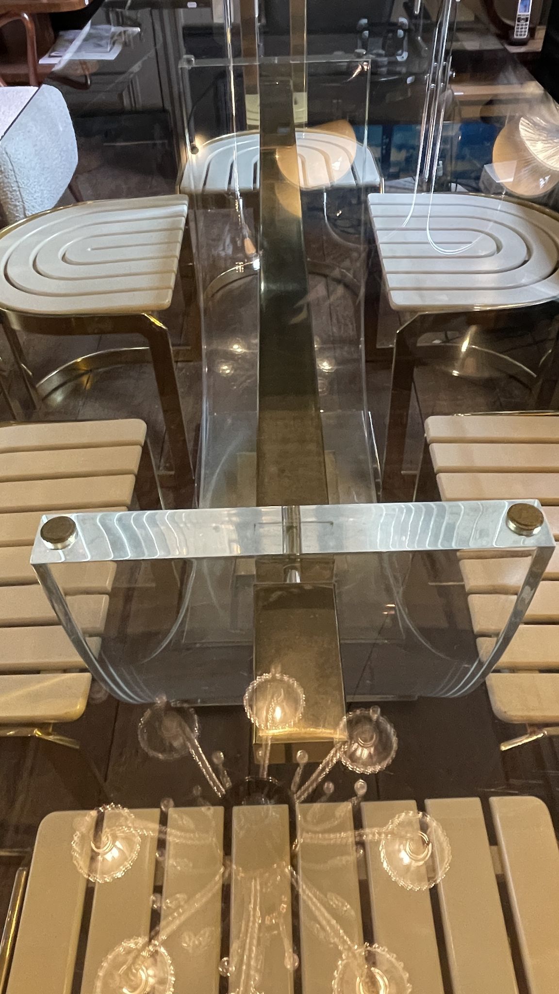 Dining room table by Charles Hollis Jones, lucite & brass, hollywood regency style, ca 1970