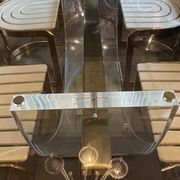 Dining room table by Charles Hollis Jones, lucite & brass, hollywood regency style, ca 1970