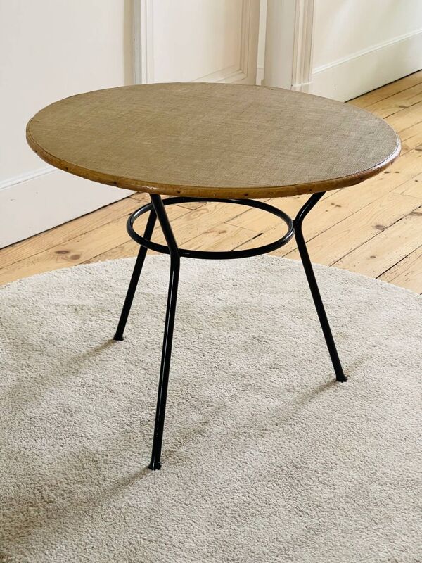 Table basse tripode revêtement paillé