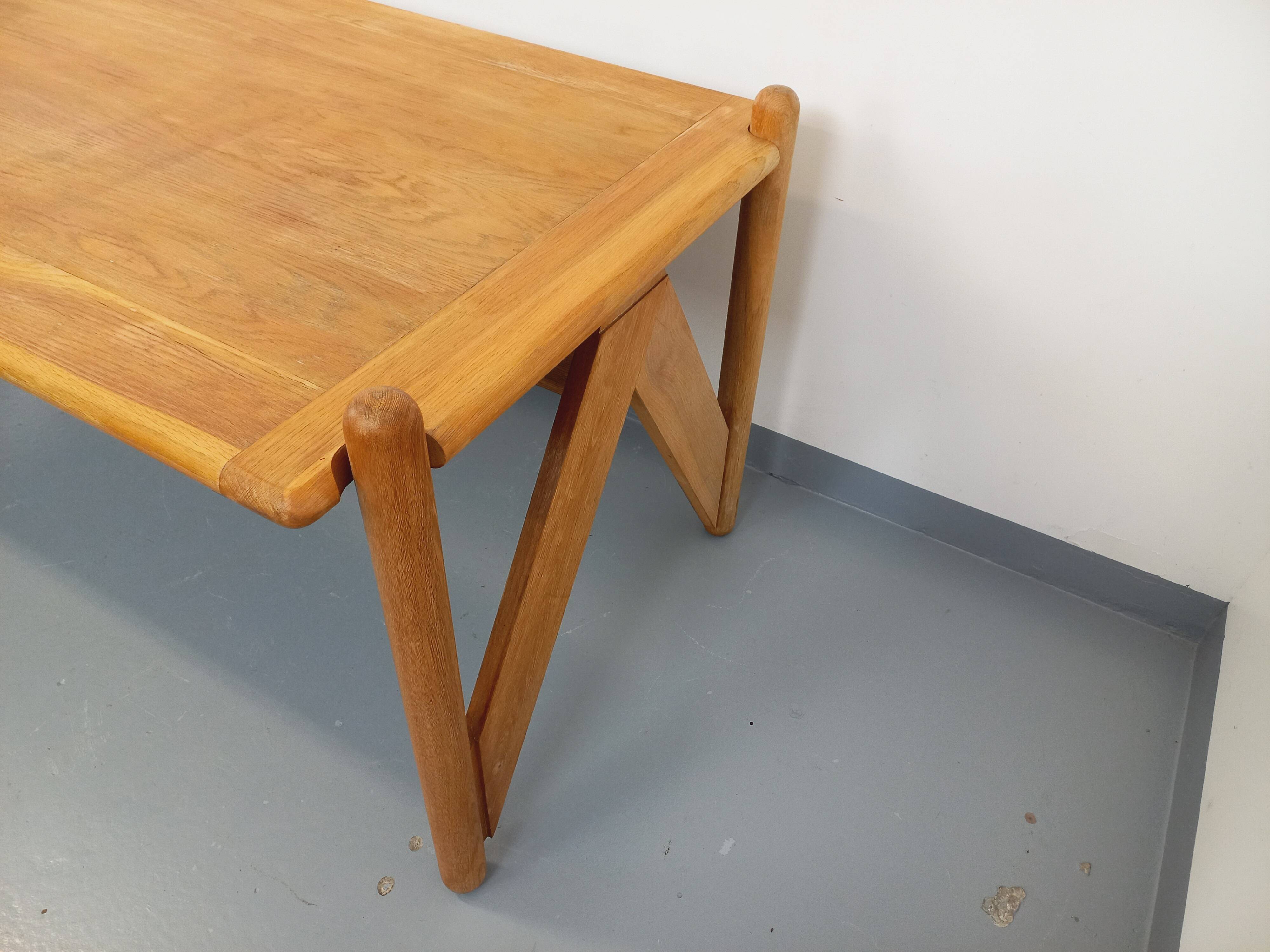 Large vintage brutalist rectangular table made of solid oak wood.