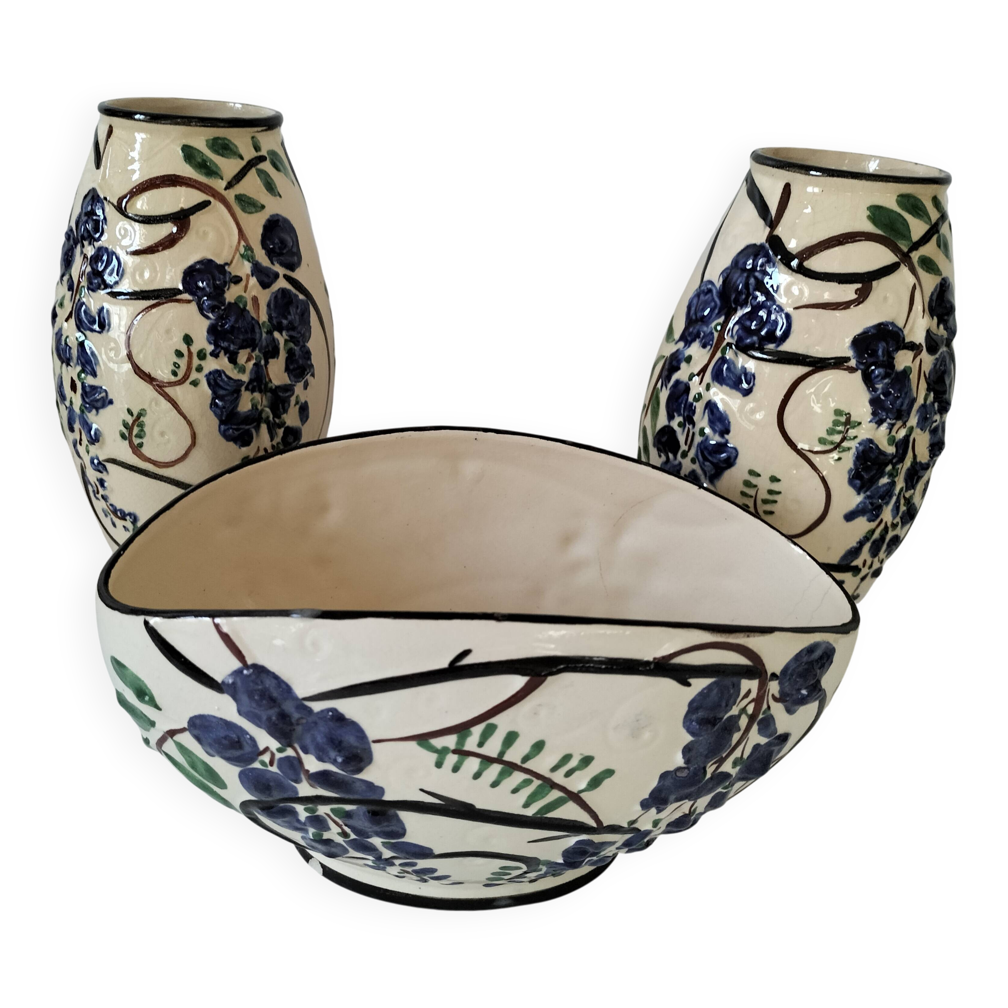 Poët-Laval Trio “Wisteria” – 2 vases no. 721 & boat planter no. 729