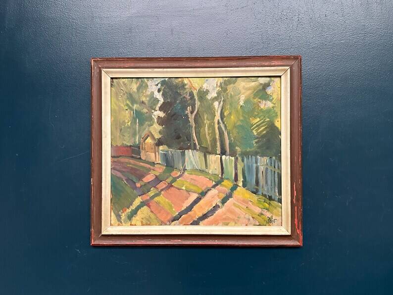 Original Swedish Oil on Panel - "Landscape with Fence" by Bajo - Signed - Vintage and Framed - 58 × 52 cm (22.8" × 20.5")