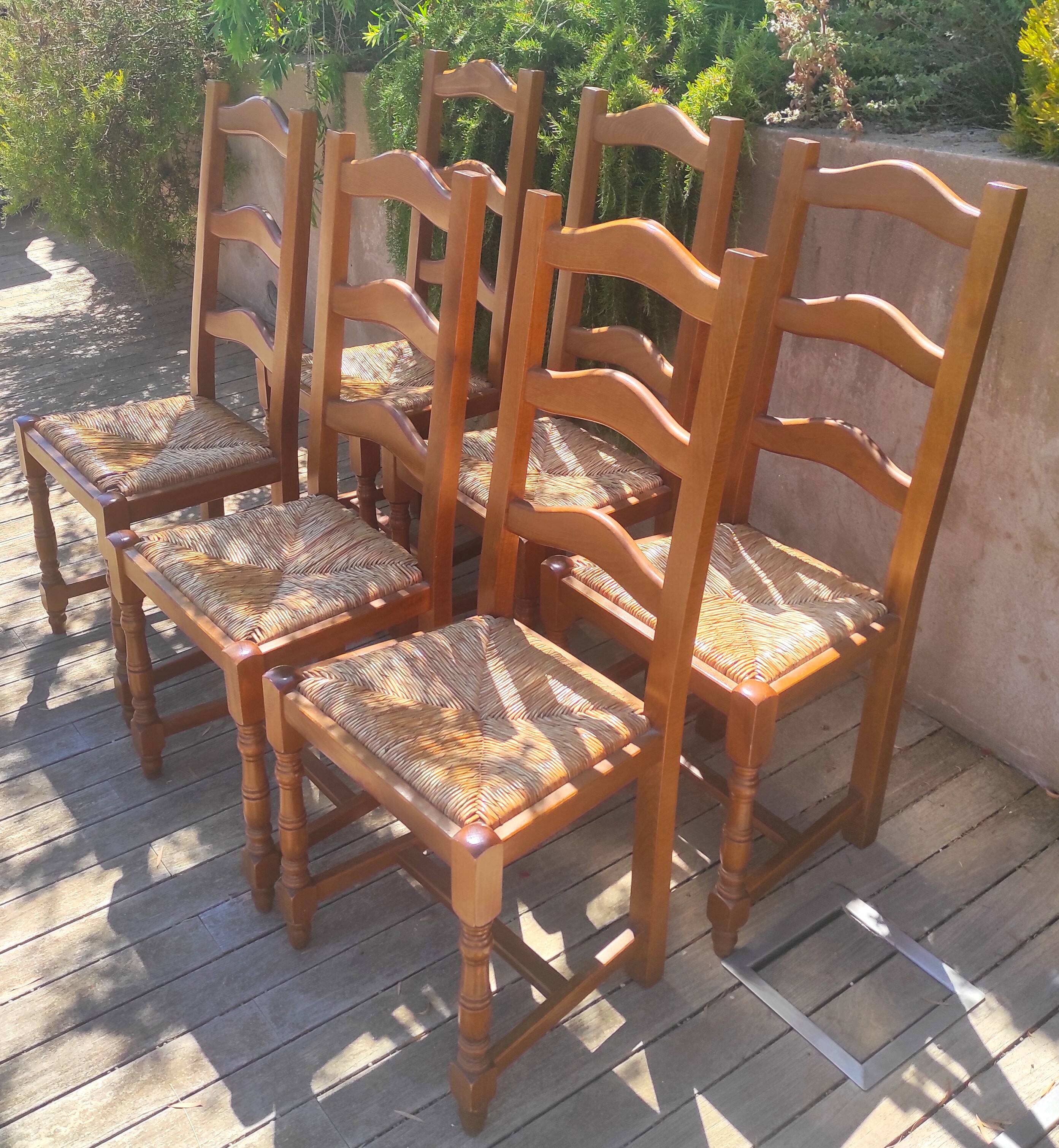 Rustic straw seat wooden chair / 1 set of 6 chairs