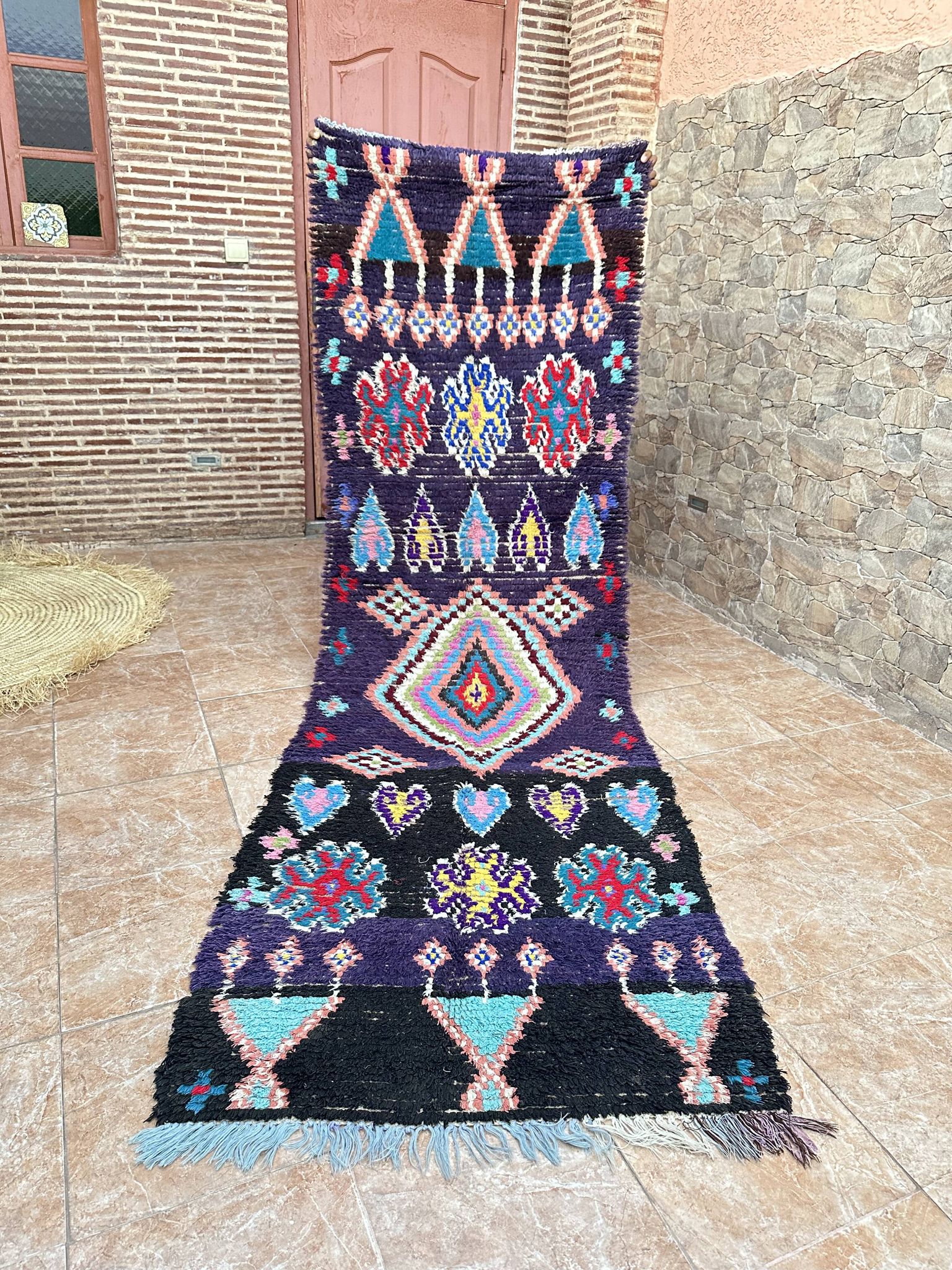 Vintage Boucherouite hallway runner: Moroccan Berber rug