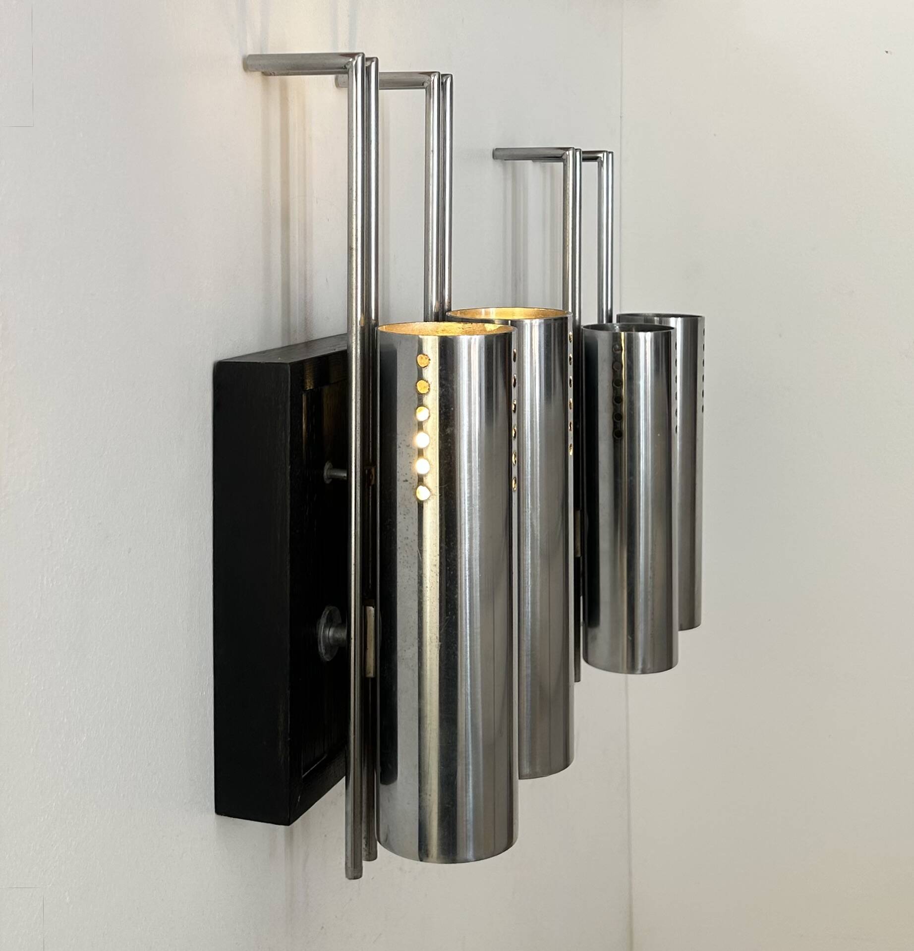 Pair of vintage wall lights, chrome-plated metal and blackened oak, France, 1970