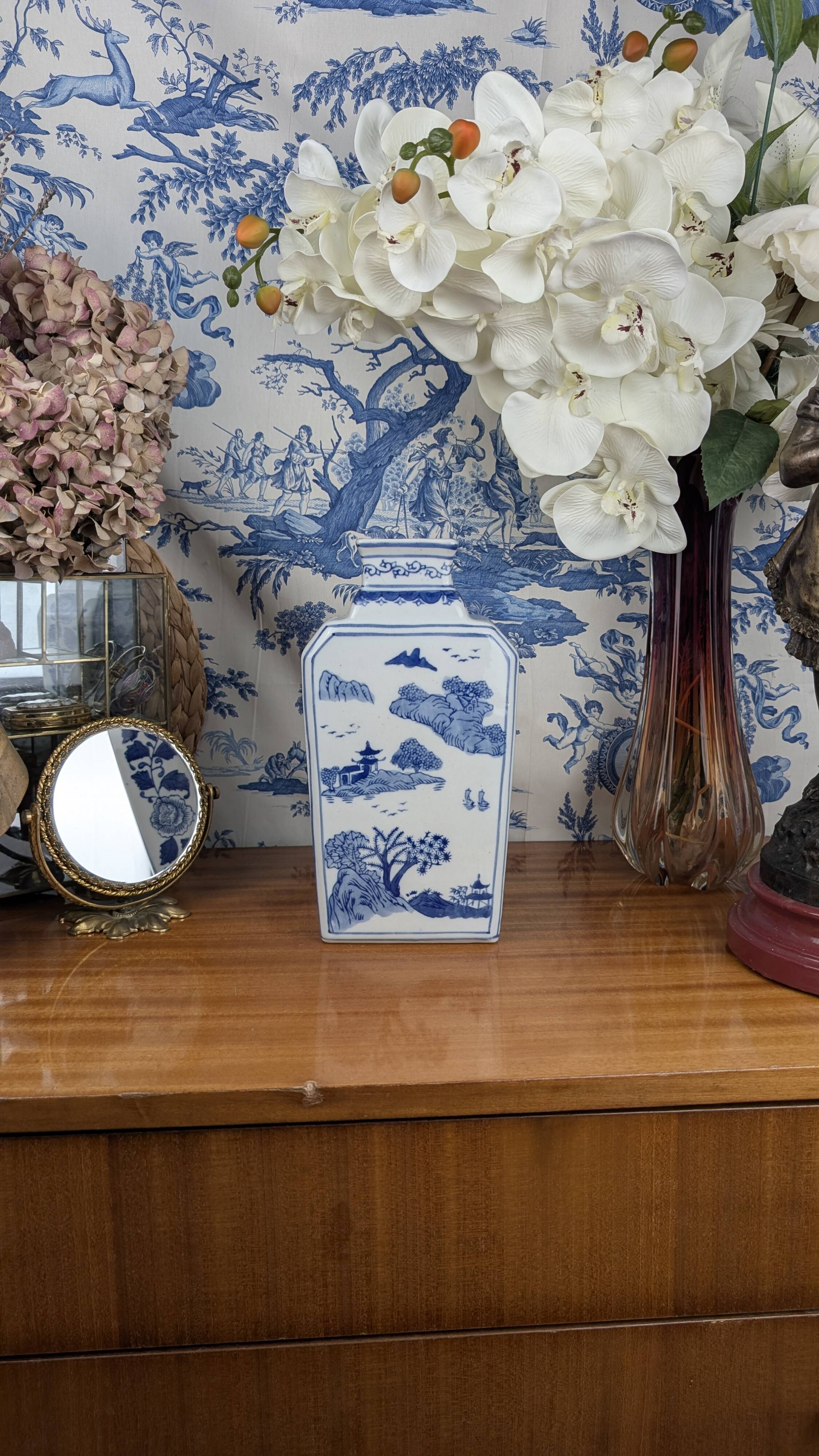 Rectangular Hue Blue Vase Vietnamese Landscape Decor 20th Century