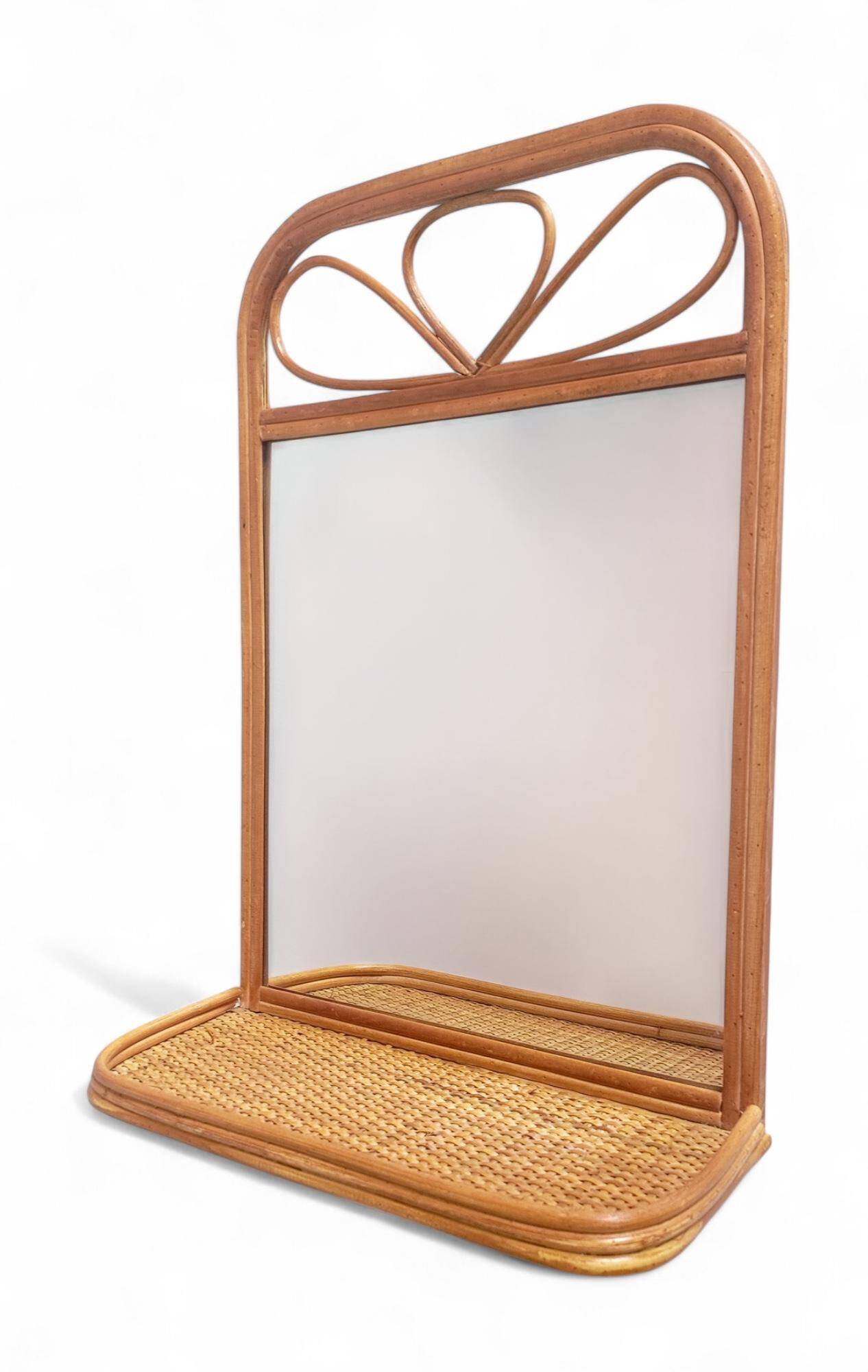 Mid Century French Riviera Rattan and Wicker Mirror With Shelf, Spain, 1960s–70s