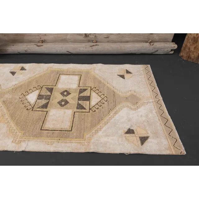 1970s Vintage Turkish Hand-Knotted Wool Cotton Beige Runner Rug 90x391