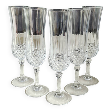 Set of 5 Champagne Flutes/Arques Crystal/Longchamp Model. Diamond tips