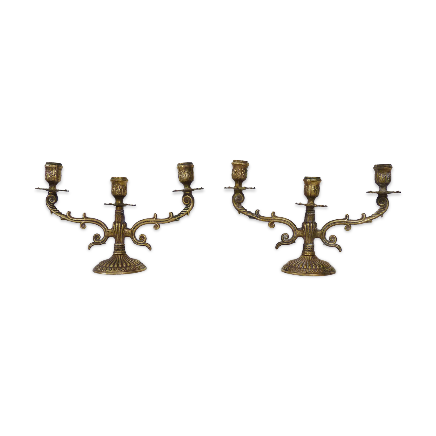 Pair of old candle holders with 3 branches in bronze, year 50/60