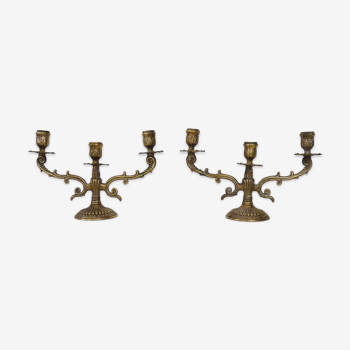 Pair of old candle holders with 3 branches in bronze, year 50/60