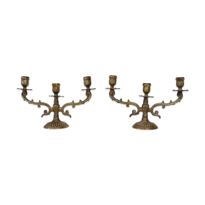 Paire d'anciens bougeoirs à 3 branches en bronze, année 50/60